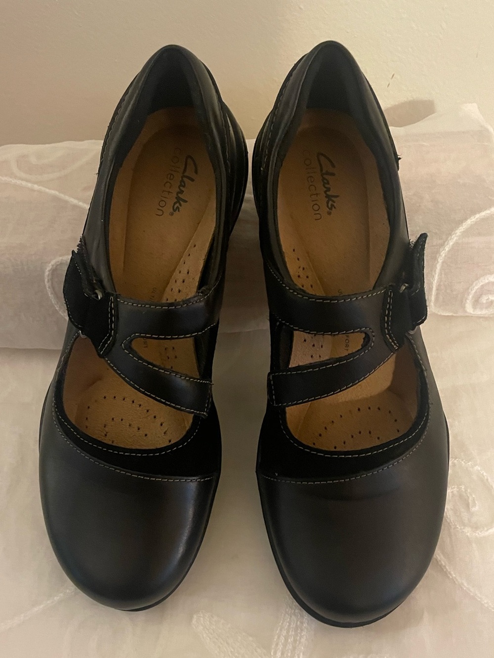 Clarks Black Leather Mary Jane Strap Flats